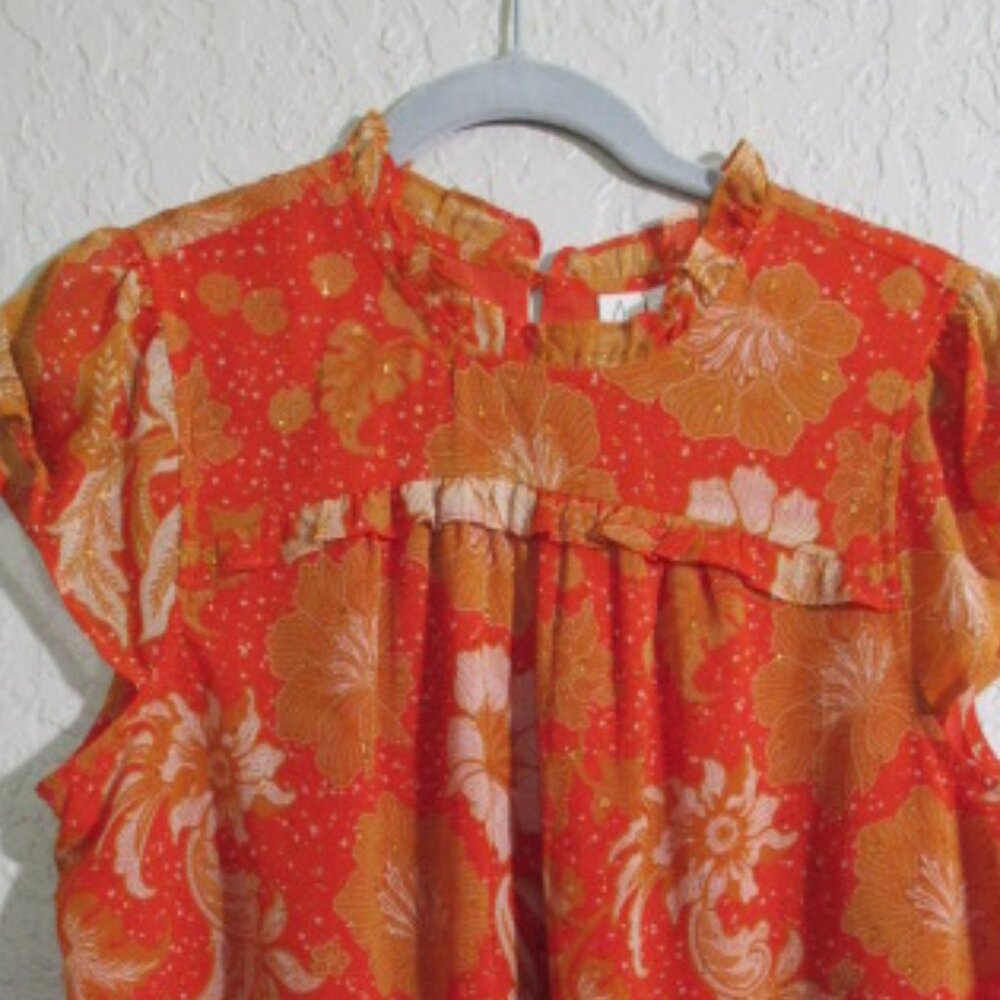 Joie Size Large Orange Floral Blouse Short Sleeve Top